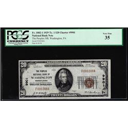1929 $20 NB of Washington, PA CH# 9901 National Currency Note PCGS Very Fine 35