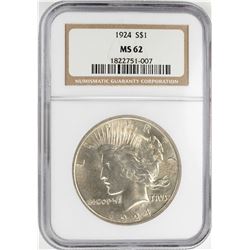 1924 $1 Peace Silver Dollar Coin NGC MS62