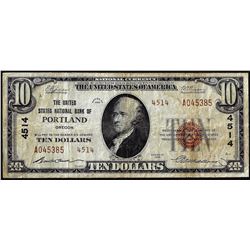 1929 $10 United States National Bank of Portland, OR CH# 4514 National Currency Note