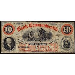 1860 $10 Bank of Commonwealth Richmond, Virginia Obsolete Note