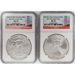 Lot of (2) 2011-S $1 American Silver Eagle Coins NGC MS70