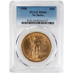 1908 No Motto $20 St. Gaudens Double Eagle Gold Coin PCGS MS64