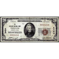 1929 $20 National Bank of Freedom, Pennsylvania CH# 5454 National Currency Note