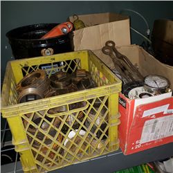 5 BOXES OF PIPE FITTINGS, SHOP HARDWARE, AND TOOLS