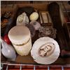 Image 2 : 2 TRAYS OF COLLECTIBLES, STONE EGGS, RETRO ROCKET SALT AND PEPPERS, AND CAT DRESSER BOX
