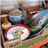Image 2 : EASTER FIGURES, BOWL, 2 LARGE COIN HANGIND DECORATIONS, MINIATURE ROOM DIVIDER, TRAY OF CHINA, SANDL