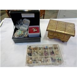 CASE OF EARRINGS, BRASS BOX JEWELLERY, AND BLACK BOX JEWELLERY