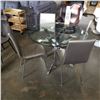Image 1 : ROUND MODERN GLASS AND CHROME DINETTE TABLE AND FOUR GREY LEATHER CHAIRS