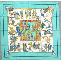 Authentic HERMES  LE TEMPS des MARIONNETTES  Green100% Silk Scarf