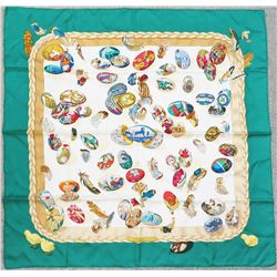 Authentic HERMES "Couvee d'Hermes" Egg Basket Green 100% Silk Scarf
