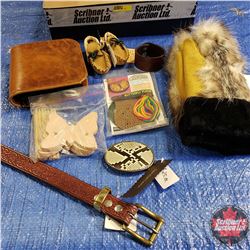 CHOICE OF 5 TRAY LOTS: Belt Buckle, Belt, Leather Cuff, CD Holder, 1 Pair Artisan Hand Made Leather 