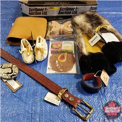 CHOICE OF 5 TRAY LOTS: Belt Buckle, Belt, Leather Cuff, CD Holder, 1 Pair Artisan Hand Made Leather