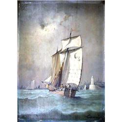 AN OIL ON BOARDA boat under full sail w