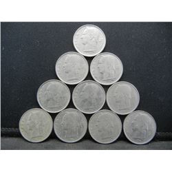 (10) Belgium One Francs, 50's and 60's