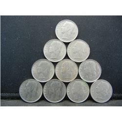(10) Belgium One Francs, 60's and 70's
