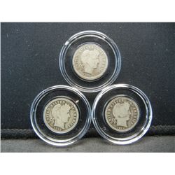 (3) SILVER (90%) BARBER DIMES, (1916/1914-D/1916)
