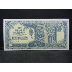 World War II Japanese 10 Dollars Malaya Occupation Note.