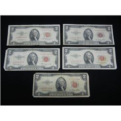 Five $2 1953 Red Seal United States Notes.