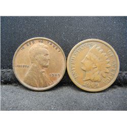 1909 Indian Cent and 1909-VDB Lincoln Cent.