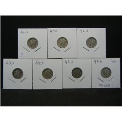 (7 ) Mercury S Mint Dimes:  40, 41, 42, 43, 44, 45, and 45 MICRO.  Nice circulated WWII coins.
