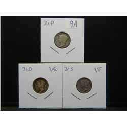 (3) 1931 Depression Mercury dimes:  31 P, 31 D, and 31-S.  Nice circulated and lower mintage.
