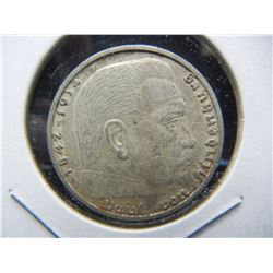 1938-A German silver 2 Mark with historical symbol.  Almost Uncirculated.