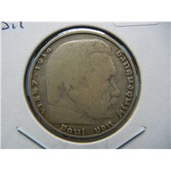 1937-J German silver 5 Mark with historical symbol.  Original.