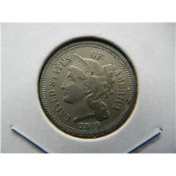 1869 Three Cent Nickel.  Extremely Fine details.