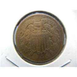 1865 Two cent Piece.  VG 10.  Last of the Civil War coinage.