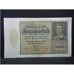 1922 Germany Weimar Republik 10,000 Mark Reichsbanknote, Serial # F 0382195