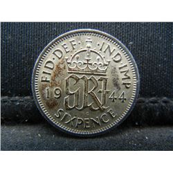 1944 Great Britain 6 Pence 50% Silver Coin. Coin Weighs 0.09 Troy Ounce.