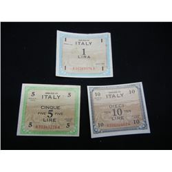 Series of 1943 Italy 10, 5, and 1 Lira Allied Military Currency.