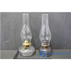 (2) Short Glass Coal Oil Lamps