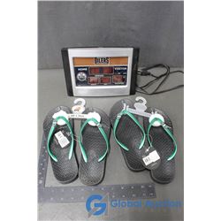 (2) Pairs of New Roughriders Sandals and Oilers Alarm Digital Score Board Clock