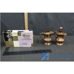 (2) Cast Metal Kerosene Lamps, Moirs Chocolate Box (Signed 1938 on Interior)