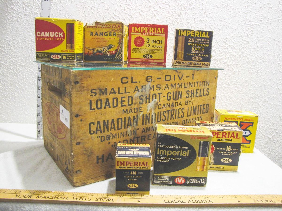Old Wooden Ammunition Crate & 8 Vintage Shot Gun Shell Boxes