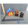 Image 1 : Plastic Cuckoo Clock Bank (dated 1950) and (2) Glass Insulators
