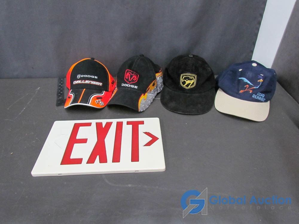 (4) Ball Caps and Plastic EXIT Sign