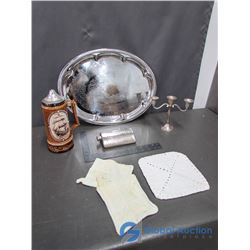 Flask, Music Box, Silver Candle Stick and Serving Tray