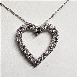 SILVER SIMULATED ALEXANDRITE CUBIC ZIRCONIA HEART SHAPED PENDANT WITH CHAIN NECKLACE (~LENGTH 18"CM)