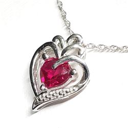 SILVER CREATED RUBY HEART SHAPED PENDANT WITH CHAIN NECKLACE (~LENGTH 18"CM) [FW90]