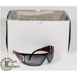 BOX OF BLACK AND DARK RED PAIR OF CHANEL STYLED SUNGLASSES.