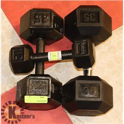 2X 35LB DUMBBELLS + 1X 12LB DUMBBELL