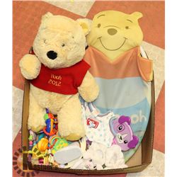 BOX W/BABY ITEMS INCL. BABY SHOES & SLIPPERS & LARGE WINNIE THE POOH BEAR