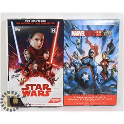 LOT OF 2 MARVEL AND STAR WARS BOXES OF COLLECTORS CARDS, OPENED.