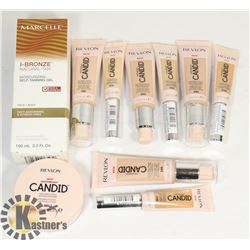 BAG OF REVLON CANDID SETTING POWDER & FOUNDATION AND MARCELLE SELF TANNING GEL.