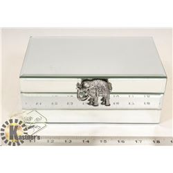 AMERICAN ATELIER MIRRORED JEWELLERY BOX WITH BEJEWELLED ELEPHANT CLASP.