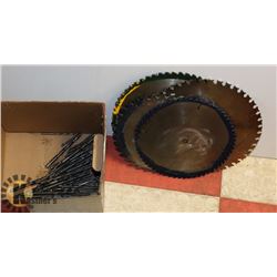 BOX OF SAW BLADES & DRILL BITS INCL TWO 10" AND TWO 12" BLADES AND OVER 70 DRILL BITS.
