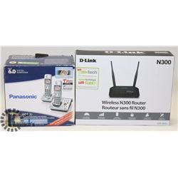 D-LINK WIRELESS N300 ROUTER AND PAIR OF PANASONIC CORDLESS HOME PHONES.