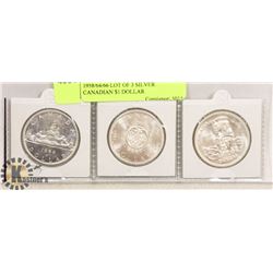 1958/64/66 LOT OF 3 SILVER CANADIAN $1 DOLLAR COINS.